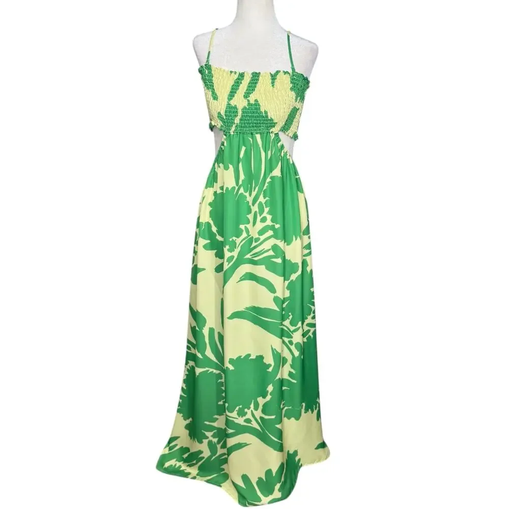 Resa X Jojo Size L Rico Cutout Maxi Dress Green Yellow Tropical Resortwear Beach